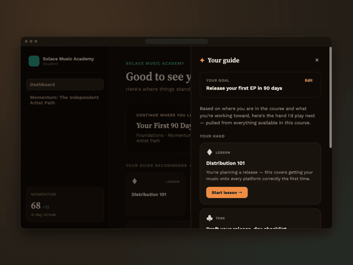 GRIDD student dashboard with the AI guide recommending the next lesson