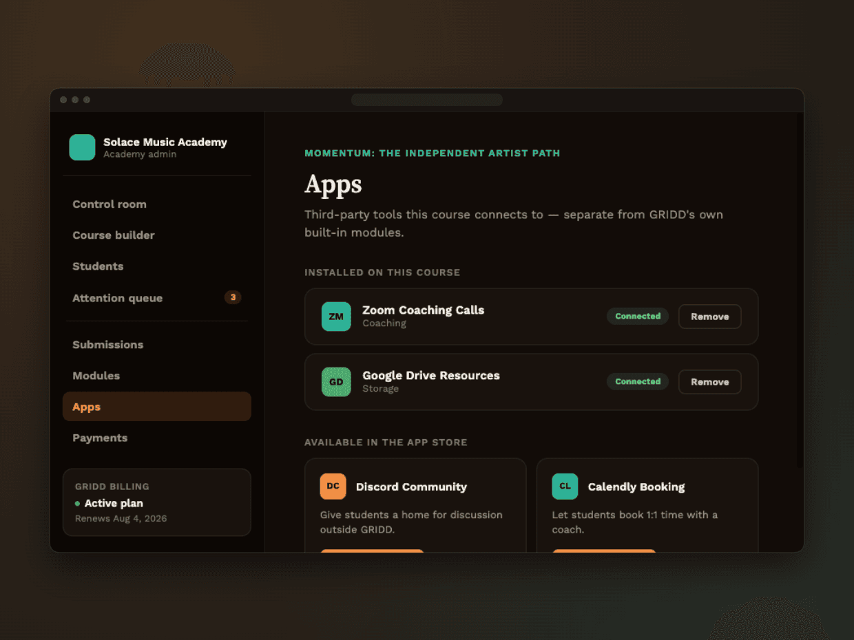 GRIDD apps marketplace showing connected course apps and available integrations