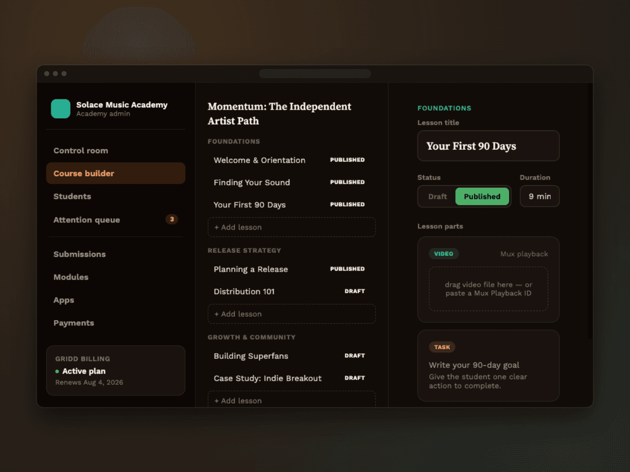 GRIDD course builder showing sections, lessons, and publishing status