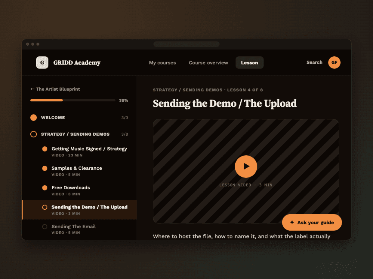 GRIDD lesson player showing the curriculum rail, video lesson, and AI guide